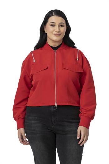 Büyük Beden Yakası ve Kol Ağzı Ribanalı Fermuar Detaylı Kırmızı Bomber Ceket