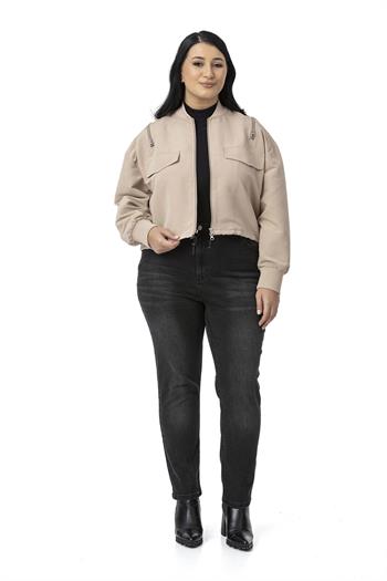 Büyük Beden Yakası ve Kol Ağzı Ribanalı Fermuar Detaylı Bej Rengi Bomber Ceket