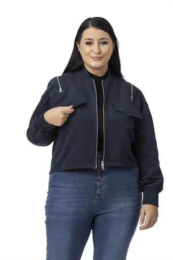 Büyük Beden Yakası ve Kol Ağzı Ribanalı Fermuar Detaylı Lacivert Bomber Ceket
