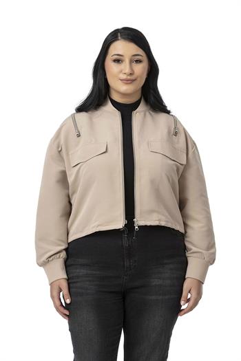 Büyük Beden Yakası ve Kol Ağzı Ribanalı Fermuar Detaylı Bej Rengi Bomber Ceket