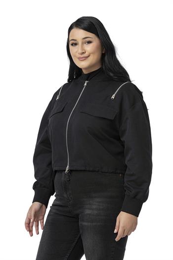 Büyük Beden Yakası ve Kol Ağzı Ribanalı Fermuar Detaylı Siyah Bomber Ceket