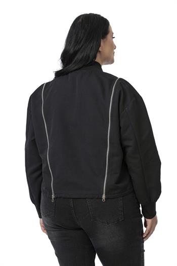 Büyük Beden Yakası ve Kol Ağzı Ribanalı Fermuar Detaylı Siyah Bomber Ceket