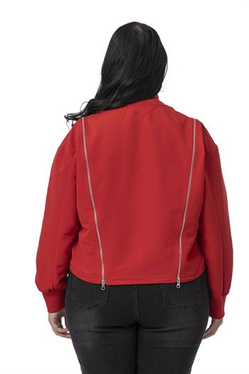 Büyük Beden Yakası ve Kol Ağzı Ribanalı Fermuar Detaylı Kırmızı Bomber Ceket