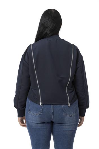 Büyük Beden Yakası ve Kol Ağzı Ribanalı Fermuar Detaylı Lacivert Bomber Ceket