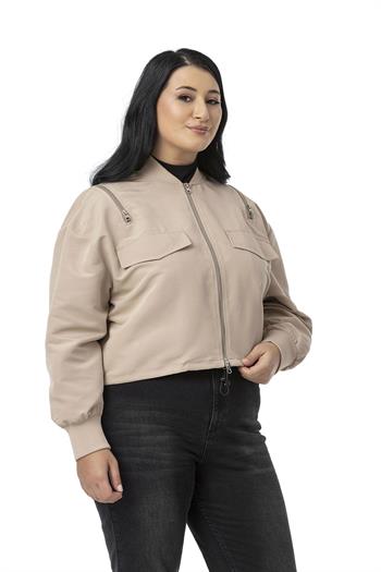 Büyük Beden Yakası ve Kol Ağzı Ribanalı Fermuar Detaylı Bej Rengi Bomber Ceket