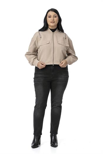 Büyük Beden Yakası ve Kol Ağzı Ribanalı Fermuar Detaylı Bej Rengi Bomber Ceket