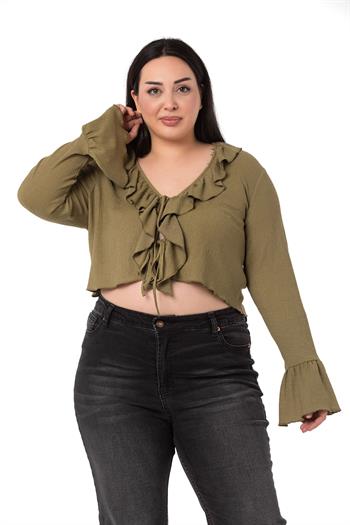 Plus Size Khaki Bolero with Frill Detail on Collar and Sleeves