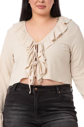 Plus Size Beige Bolero with Frill Detail on Collar and Sleeves