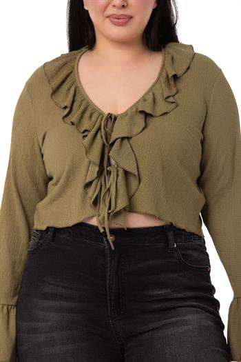 Plus Size Khaki Bolero with Frill Detail on Collar and Sleeves
