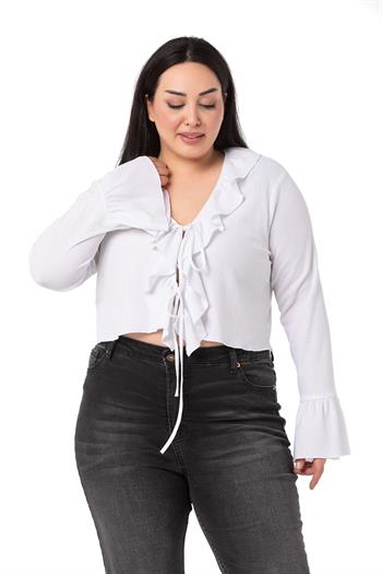 Plus Size White Bolero with Frill Detail on Collar and Sleeves