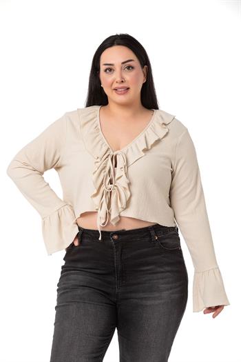 Plus Size Beige Bolero with Frill Detail on Collar and Sleeves
