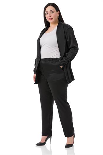 Plus Size Black Satin Trousers with Side and Back Elastic Pockets