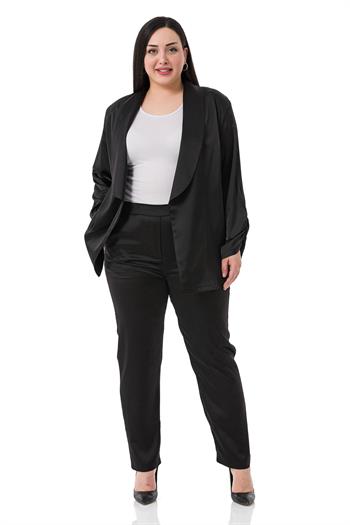 Plus Size Black Satin Trousers with Side and Back Elastic Pockets
