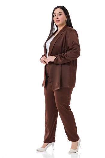 Plus Size Brown Satin Trousers with Side and Back Elastic Pockets