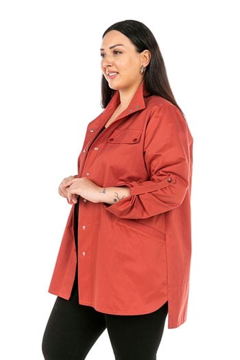 Büyük Beden Yanları Yırtmaçlı Katlamalı Kollu Cepli Çıtçıt Detaylı Gül Kurusu Trençkot