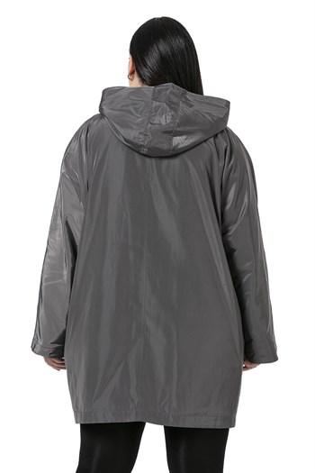 Plus Size Bat Sleeve Hooded Snap Fasten Lined Gray Trench Coat
