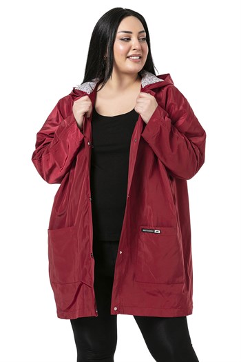 Plus Size Bat Sleeve Hooded Snap Fasten Lined Burgundy Trench Coat