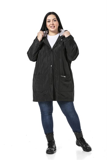 Plus Size Bat Sleeve Hooded Snap Fasten Lined Black Trench Coat