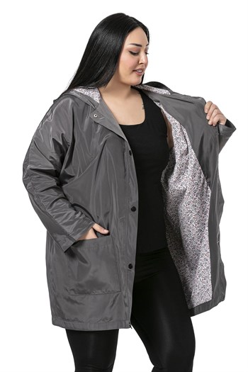 Plus Size Bat Sleeve Hooded Snap Fasten Lined Gray Trench Coat
