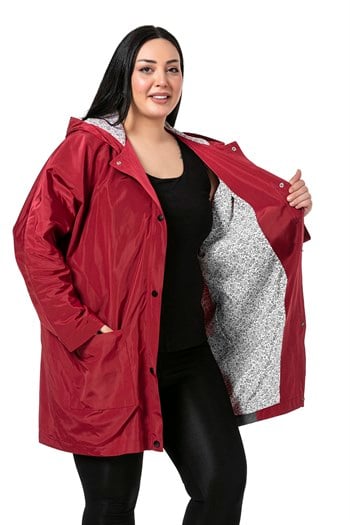 Plus Size Bat Sleeve Hooded Snap Fasten Lined Burgundy Trench Coat