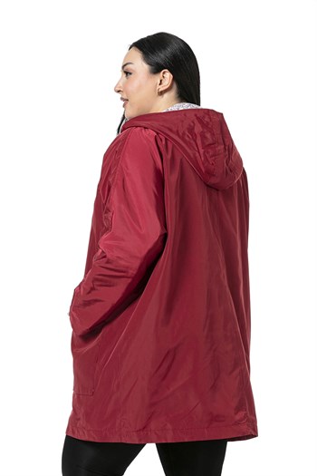 Plus Size Bat Sleeve Hooded Snap Fasten Lined Burgundy Trench Coat