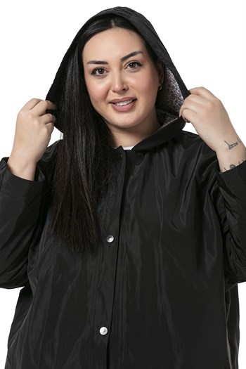 Plus Size Bat Sleeve Hooded Snap Fasten Lined Black Trench Coat