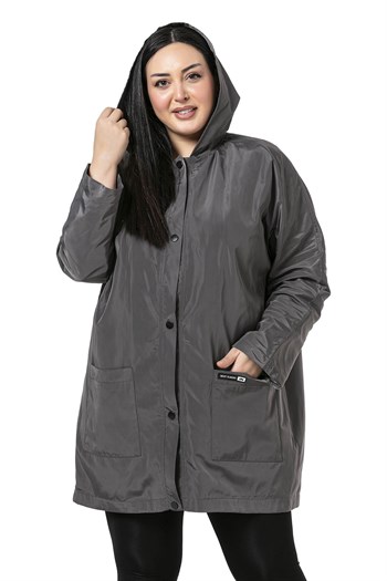 Plus Size Bat Sleeve Hooded Snap Fasten Lined Gray Trench Coat
