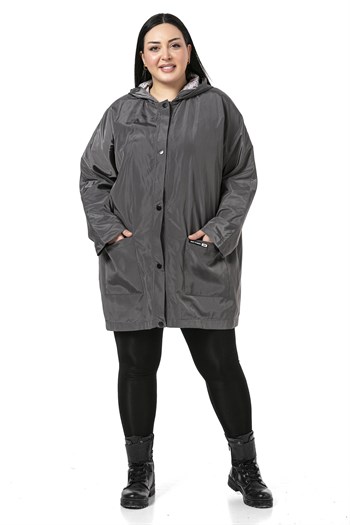 Plus Size Bat Sleeve Hooded Snap Fasten Lined Gray Trench Coat