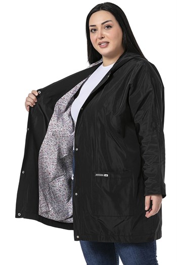 Plus Size Bat Sleeve Hooded Snap Fasten Lined Black Trench Coat