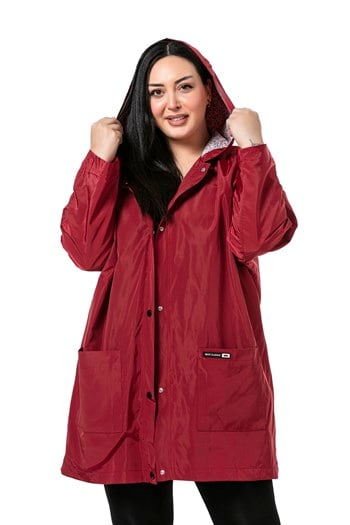 Plus Size Bat Sleeve Hooded Snap Fasten Lined Burgundy Trench Coat