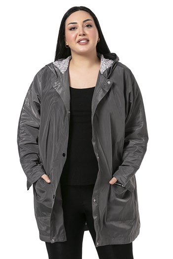 Plus Size Bat Sleeve Hooded Snap Fasten Lined Gray Trench Coat