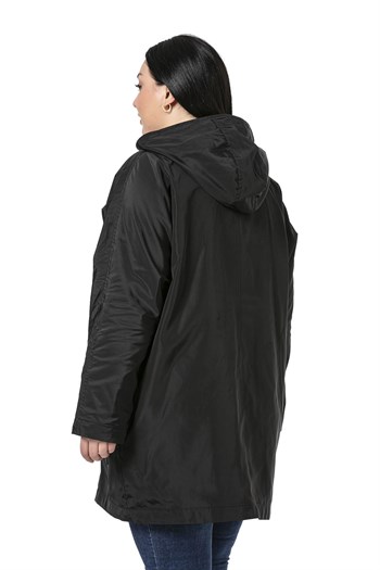 Plus Size Bat Sleeve Hooded Snap Fasten Lined Black Trench Coat