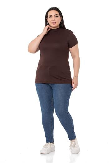 Büyük Beden Yarım Balıkçı Kısa Kollu Viskon Kahverengi Body
