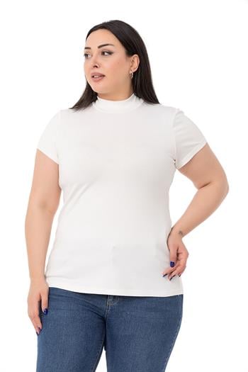 Büyük Beden Yarım Balıkçı Kısa Kollu Viskon Ekru Body