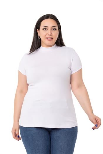 Büyük Beden Yarım Balıkçı Kısa Kollu Viskon Beyaz Body