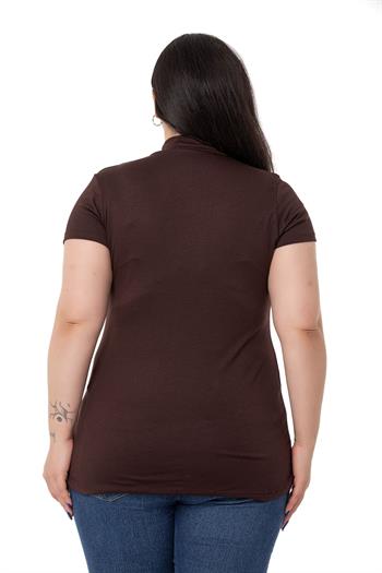 Büyük Beden Yarım Balıkçı Kısa Kollu Viskon Kahverengi Body
