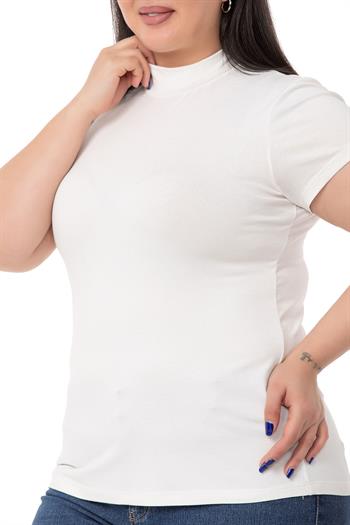 Büyük Beden Yarım Balıkçı Kısa Kollu Viskon Ekru Body