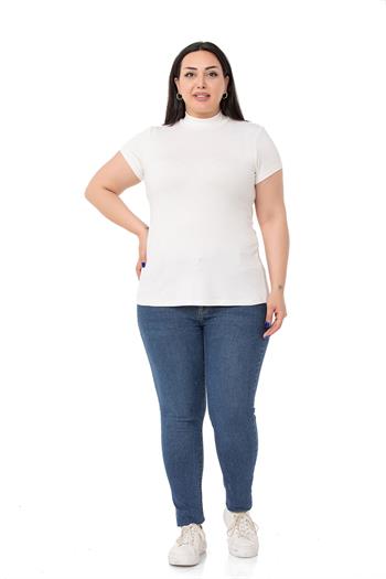 Büyük Beden Yarım Balıkçı Kısa Kollu Viskon Ekru Body