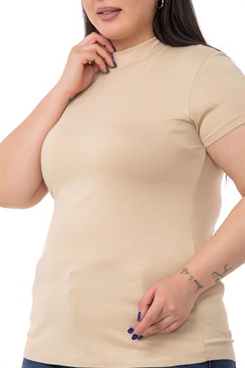 Büyük Beden Yarım Balıkçı Kısa Kollu Viskon Bej Rengi Body