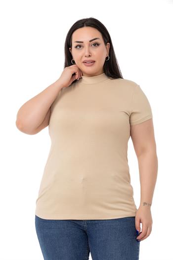 Büyük Beden Yarım Balıkçı Kısa Kollu Viskon Bej Rengi Body