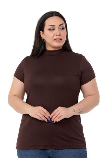 Büyük Beden Yarım Balıkçı Kısa Kollu Viskon Kahverengi Body