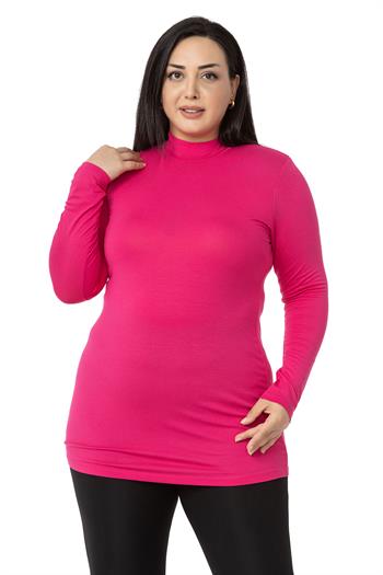Büyük Beden Yarım Balıkçı Uzun Kollu Viskon Fuşya Body