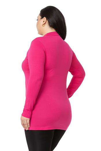 Büyük Beden Yarım Balıkçı Uzun Kollu Viskon Fuşya Body