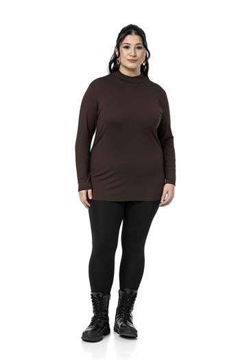 Büyük Beden Yarım Balıkçı Uzun Kollu Viskon Kahverengi Body