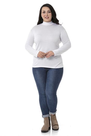 Büyük Beden Yarım Balıkçı Uzun Kollu Viskon Beyaz Body