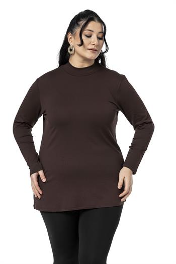 Büyük Beden Yarım Balıkçı Uzun Kollu Viskon Kahverengi Body