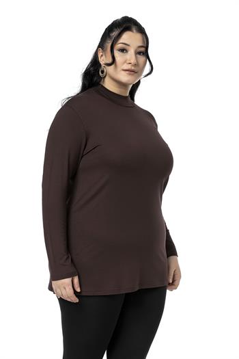 Büyük Beden Yarım Balıkçı Uzun Kollu Viskon Kahverengi Body