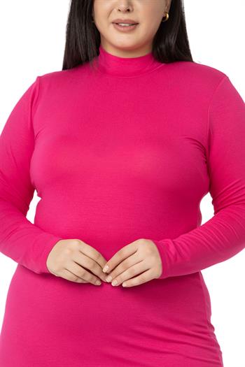 Büyük Beden Yarım Balıkçı Uzun Kollu Viskon Fuşya Body