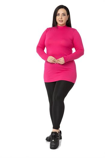 Büyük Beden Yarım Balıkçı Uzun Kollu Viskon Fuşya Body