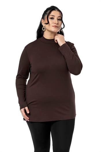 Büyük Beden Yarım Balıkçı Uzun Kollu Viskon Kahverengi Body